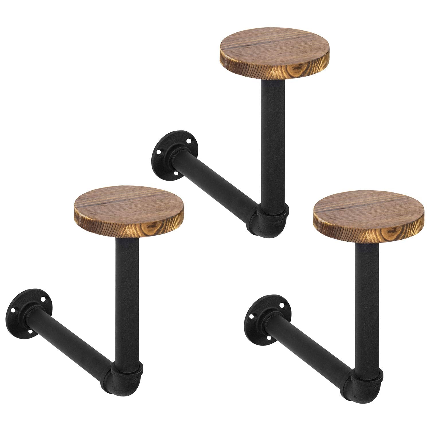 MyGift Set of 3 Wall Mounted Hat Rack Holder with Realistic Black Metal Pipe and Brown Wood, Hanging Entryway Hat Hooks and Wig